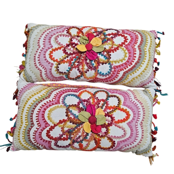Pier 1 Other - Pier 1 Set of 2 Lumbar Pillows Multi Floral Embroidered Tassel Boho Statement